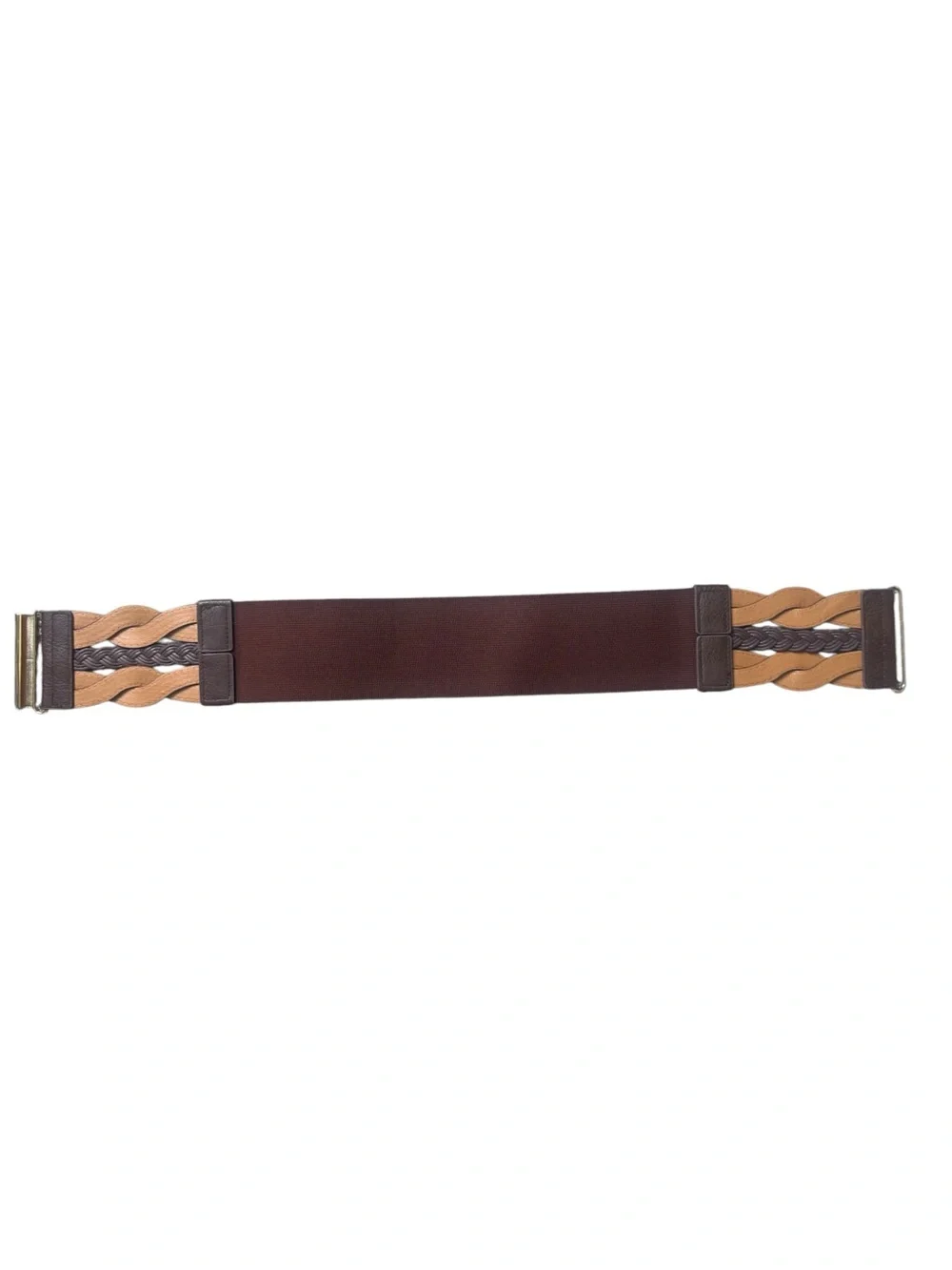 Brown Braided Stretch Waist Belt Gold Tone Buckle Wide 3
